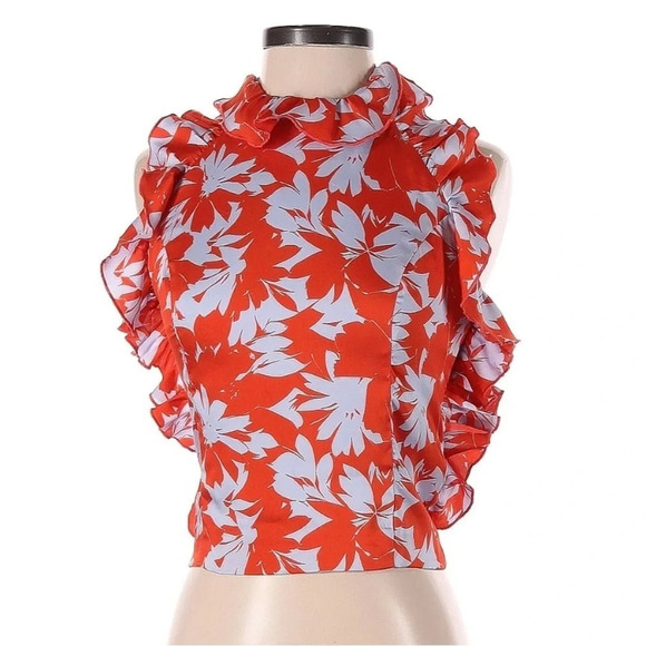 J. Crew Orange & White Flounce Floral Halter Top Ruffles Size XS Bow Tie Back - Picture 3 of 4